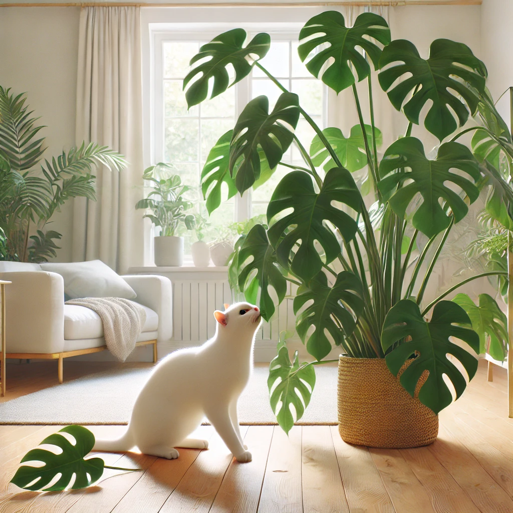 観葉植物のモンステラと白い猫